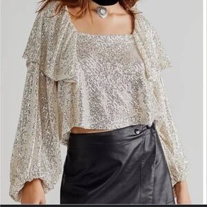 Free People - Silver Ivory Sequin Tie Back Long Sleeve Crop Blouse Size Small
